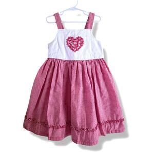Vintage Buster Brown Girls 6X Pinafore Sundress Red Seersucker Gingham Bow Heart